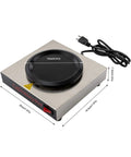 Professional Stainless Steel Coffee Warmer Plate, 80W Electric Mug Heater For Desk And Home on a table with measurements.