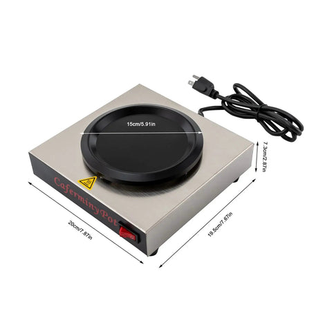 Professional Stainless Steel Coffee Warmer Plate, 80W Electric Mug Heater For Desk And Home on a table with measurements.