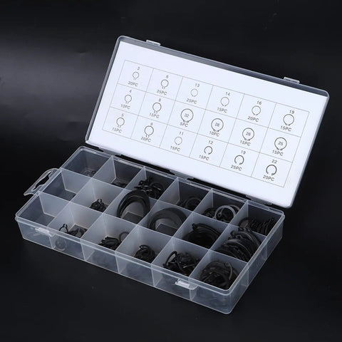 External Retaining Rings Kit 300Pcs 2-32mm Snap Circlip Set in plastic organizer with assorted black rings