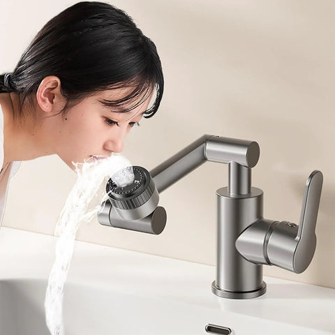 Adjustable 360 ° Swivel Kitchen Faucet with 4m Jet Retractable Robotic Arm Black Finish being used for rinsing water.