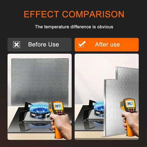 Effect comparison showing 2cm Thick Aluminum Heat Shield Mat With Flame Retardant Insulation for ovens and stoves reducing heat on countertop.