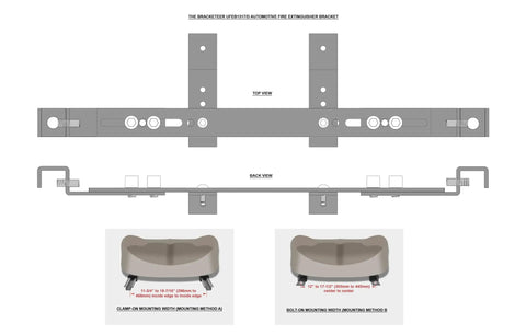 Diagram of Adjustable Fire Extinguisher Bracket for Most Vehicles, shows top and back view with clamp and bolt mounting methods.