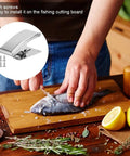Drfeify stainless steel fish fillet clamps, 6 pcs with built-in spring; front view showing fish filleting on cutting board, inset with screws
