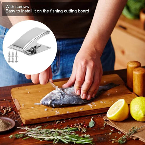 Drfeify stainless steel fish fillet clamps, 6 pcs with built-in spring; front view showing fish filleting on cutting board, inset with screws