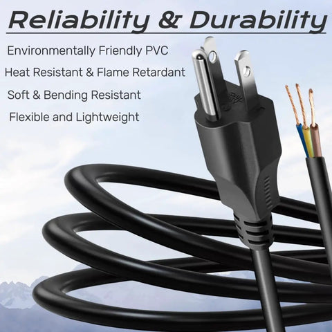 Three Prong Power Cable Replacement For ION Speaker Systems, PVC, coil showing plug and exposed wires, Six Foot Cord