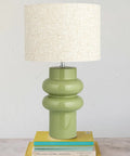 Stoneware Table Lamp In Celery Green With Linen Drum Shade Modern Boho Style Lighting For Living Room Or Bedroom Warm Soft Glow