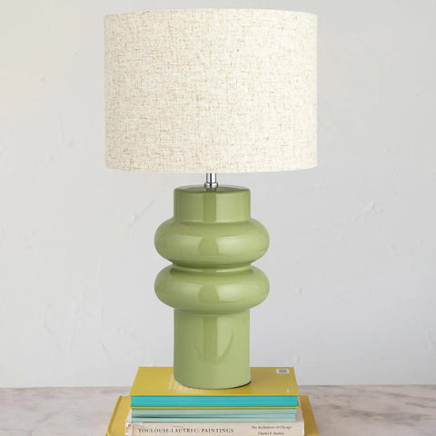 Stoneware Table Lamp In Celery Green With Linen Drum Shade Modern Boho Style Lighting For Living Room Or Bedroom Warm Soft Glow