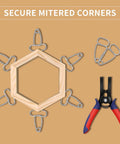 Miter Spring Clamps Kit For Woodworking With Pliers And Carabiner, 10 Piece Set arranged around a wood frame with pliers