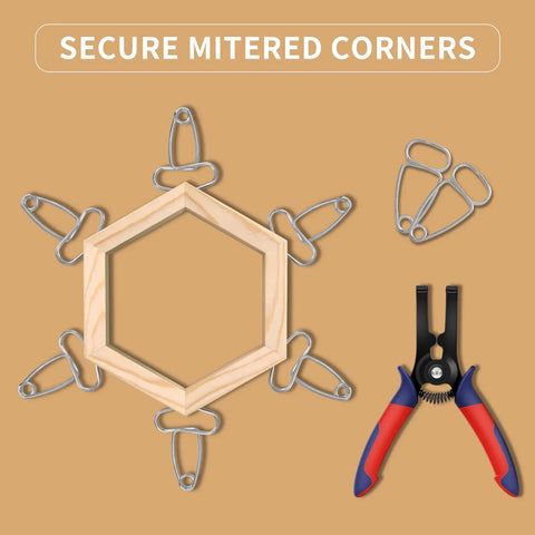 Miter Spring Clamps Kit For Woodworking With Pliers And Carabiner, 10 Piece Set arranged around a wood frame with pliers