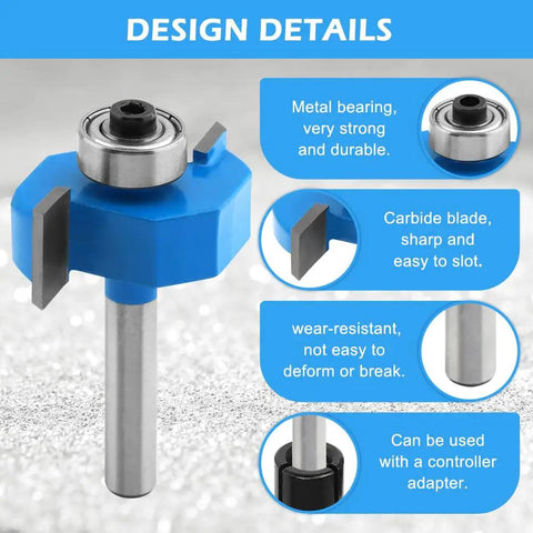 Pro Grade Carbide Rabbet Router Bit Set With Four T-Slot Bits And Six Bearing Heads, One Quarter Inch Shank, detailed view