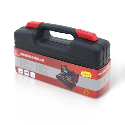 39 Piece Household Tools Kit With Plastic Toolbox For Dorms And Home Use, black and red case closed view