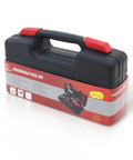 Closed case of Essential 39 Piece Household Tools Kit For Dorm And Home DIY Projects, red and black durable storage case.