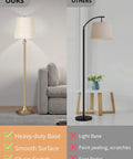 Comparison between modern floor lamps; ours with brushed bronze finish, adjustable height, dual linen shades, next to competitor's model.