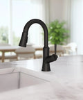 hansgrohe Joleena Pull Down Kitchen Faucet, Transitional, Magnetic Hand Sprayer, 1-Handle, 1.75 GPM, Matte Black, 04112670 on a marble counter.