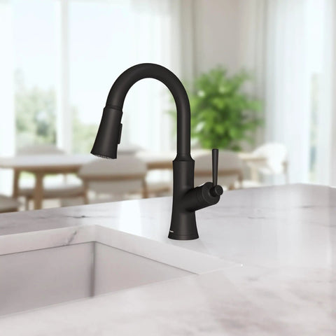 hansgrohe Joleena Pull Down Kitchen Faucet, Transitional, Magnetic Hand Sprayer, 1-Handle, 1.75 GPM, Matte Black, 04112670 on a marble counter.
