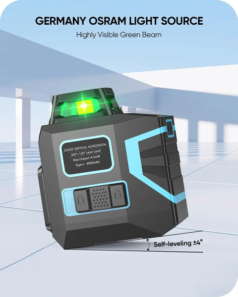 Self Leveling Pro Grade 360 Green Laser Level with 4000mAh Battery in modern indoor setting, highlighting tilt feature