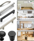 Various handles and knobs arranged alongside kitchen cabinets, showcasing Cabinet Hardware Jig Kit With Auto Center Punch And Hole Punch Fast Setup For Handles Knobs Pulls On Drawers And Doors Includes Pro Grade Doweling Guide And Point Drill Bits For Woodworking.