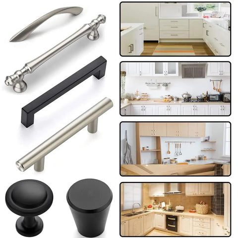 Metal Cabinet Handle Jig With Automatic Center Punch shown with different handle types in modern kitchen settings.
