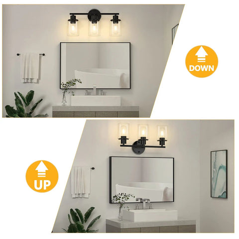 Three-Light Black Bathroom Wall Light With Clear Glass Shades, Modern Vanity Light Over Mirror, two mounting positions shown