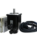 Front view of servo motor with matched driver and coiled power cable; black aluminum housing and visible shaft.