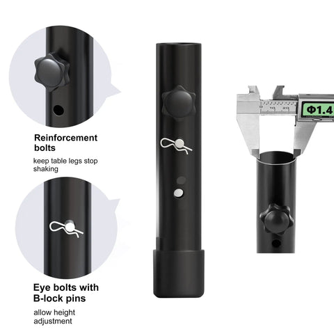 Close-up of adjustable metal riser components for Table Leg Extenders For Folding Tables Adjustable Metal Risers For Bent And Straight Legs 4 Pack Raises Height From 3.6 To 7.8 Inches Back Saver Easy Install Without Compromising Stability.