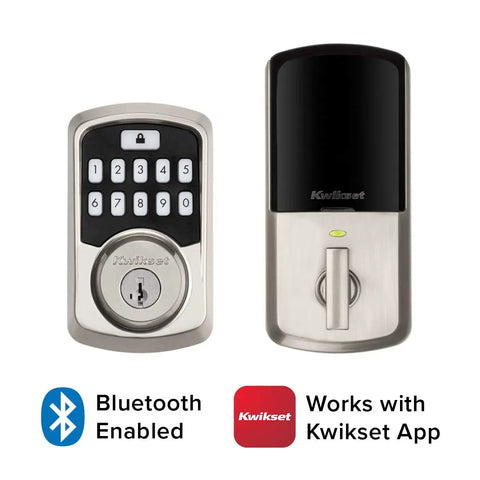 Aura Bluetooth Programmable Keypad Door Lock Deadbolt With SmartKey Security, satin nickel, front view with app icons.
