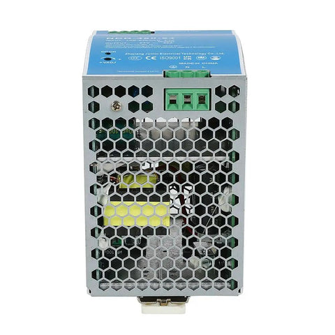 24V DC Industrial DIN Rail Power Supply With 480W Output, 20A Max, Universal 85-264VAC Input, silver and blue front view