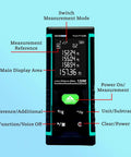 Hella Sharp Green Laser Distance Meter Hardcore Long Range Measuring Tool For Outdoor And Indoor Jobs Featuring Area Volume Calculations And Dead On Millimeter Accuracy front view with buttons and display.