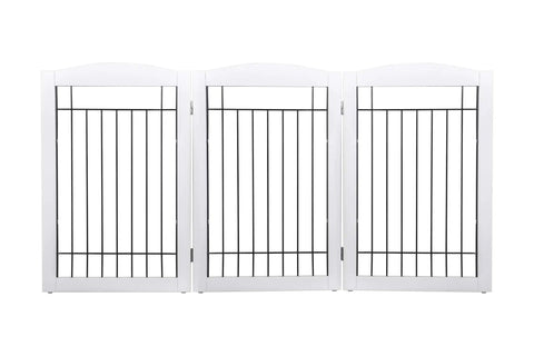 Freestanding Wire And Wood Pet Gate For Dogs, 60 Inches Wide By 30 Inches Tall, 3 Panels, White, Ideal For Doorways, Stairs, And Room Dividers, Folding Expandable Puppy Safety Fence For Pups.