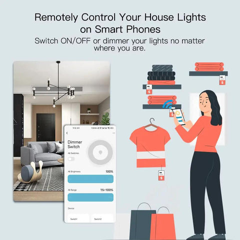 Woman using smartphone app to control Triple Dimmer Smart Switch for LED Lights with full range dimming, WiFi enabled.