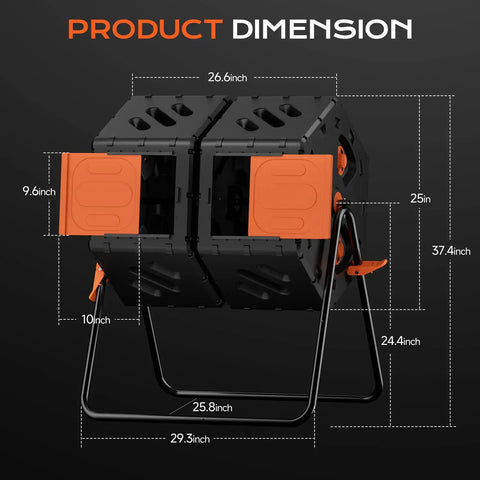 Dimensions of Outdoor 45 Gallon Dual Chamber 360 Degree Rotating Compost Bin for Fast Backyard Composting