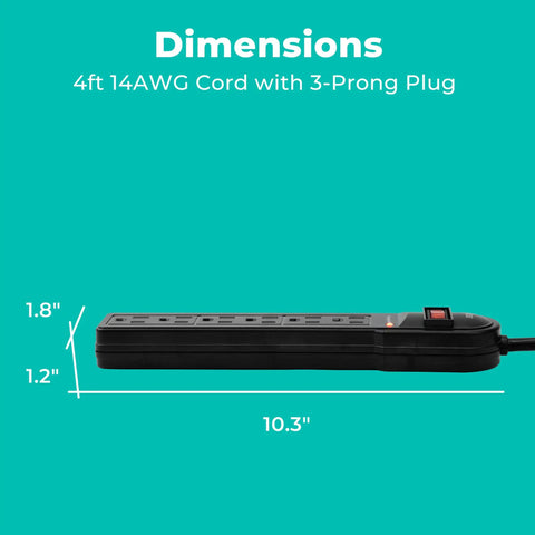 Two Pack Six Outlet Surge Protector Power Strips With Four Foot Cord 900 Joules Overload Protection Lighted Switch Great For Home Office Entertainment Gaming Setups Black shown with dimensions highlighted
