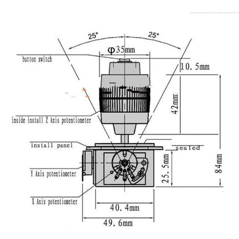 4 Axis Joystick Potentiometer Momentary Button With Wire 10K Ohm 4D Control Module For Robotics CNC Automated Imaging Systems And Industrial Projects Plug And Play Setup Smooth Output Easy Install Durable Quiet Build dimension drawing, 35mm top