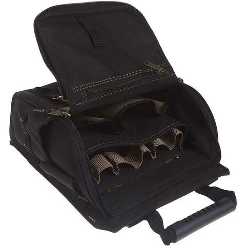 Open Zippered 21 Pocket Electrician's Tool Pouch for Pros with Pro Grade Build, showing interior pockets and durable black fabric.