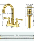 Brushed Gold Bathroom Faucet With 4 Inch Centerset Two Hole Design, Double Handles, Pop Up Drain, 360 Degree Swivel Spout, ABS Aerator