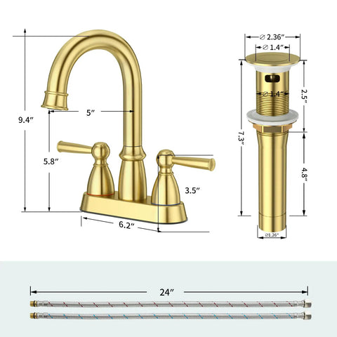 Brushed Gold Bathroom Faucet With 4 Inch Centerset Two Hole Design, Double Handles, Pop Up Drain, 360 Degree Swivel Spout, ABS Aerator
