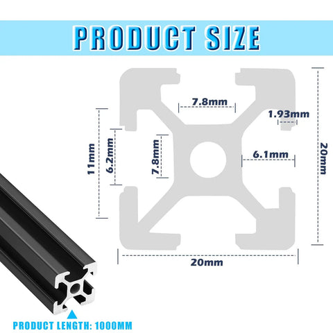 Ten Pieces Of 1000 MM 2020 Aluminum Extrusion European Standard Anodized Linear Rail dimensions diagram