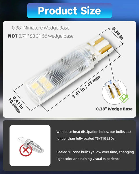 Bright T5 Wedge Base LED Bulbs 12V 1.5W For 194 921 912 T10 Landscape Lights RV Camper Boat Dome Light Warm White 2700K dimensions