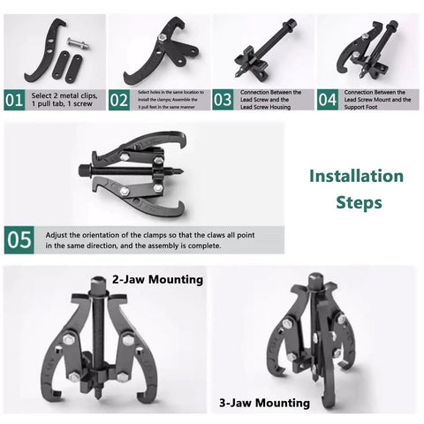 Heavy Duty Gear Puller Toolkit Knocks Out Stubborn Bearings Pulleys With 2 And 3 Jaw Extractors Built Strong. Fits Toolbox Perfectly. A Must Have For Mechanics Wanting Damage Free Removal In Your Shop Today. 2-jaw and 3-jaw gear puller kit, carbon steel, assembled views