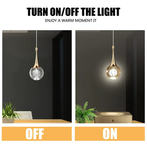 Gold Crystal Teardrop Pendant Light For Kitchen Island Adjustable Height Sleek Modern LED Hanging Fixture On and Off