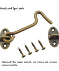 2 Pack Solid Copper Barn Door Latches, Heavy Duty 3 Inch Gate Locks with Hook and Eye, antique brass finish, screws included