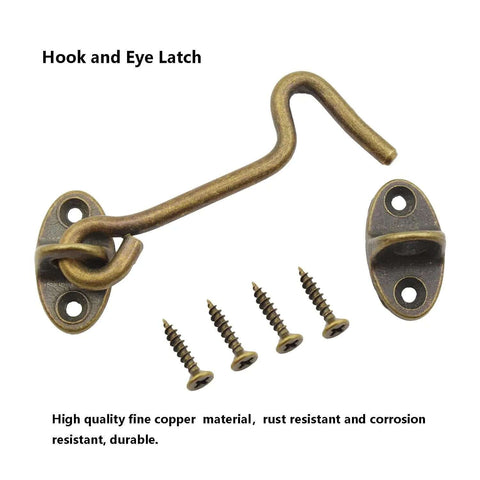 2 Pack Solid Copper Barn Door Latches, Heavy Duty 3 Inch Gate Locks with Hook and Eye, antique brass finish, screws included