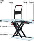 Heavy Duty Hydraulic Electric Scissor Lift Table And 300Kg Mobile Platform Cart, showing panel, oil cylinder and casters.