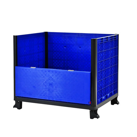 Heavy Duty Collapsible Bulk Container With Easy Access Doors Rock Solid HDPE Storage Tote Built Tough Stackable 600 Pounds Capacity Blue industrial bin with foldable panels.