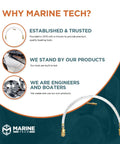 Infographic promoting Marine Tech hydraulic steering bleed kit, highlighting trust, durability, and engineering expertise.