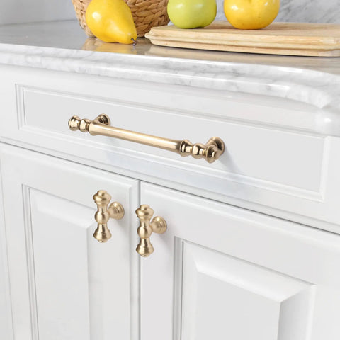 10 Pack 5 Inch Brushed Brass Cabinet Handles 128mm Gold Kitchen Cabinet Pulls installed on white cupboard doors