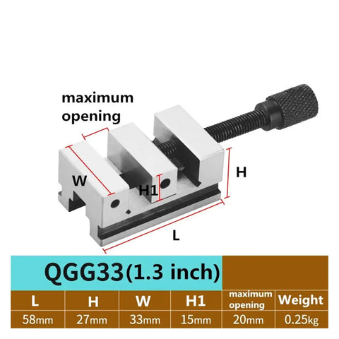 Right Angle Vise For CNC Machining with dimensions and integrated clamping slots for versatile workholding, QGG33 1.3 inch.