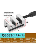Diagram of Right Angle Vise For Machine Tools With Built In Clamping Slots And A V Shaped Jaw, showing dimensions and specifications.