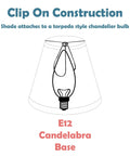 Diagram of clip-on construction for Six Pack Small Hardback Empire Chandelier Clip On Lamp Shade Set White Linen Fabric Brass Fitter.