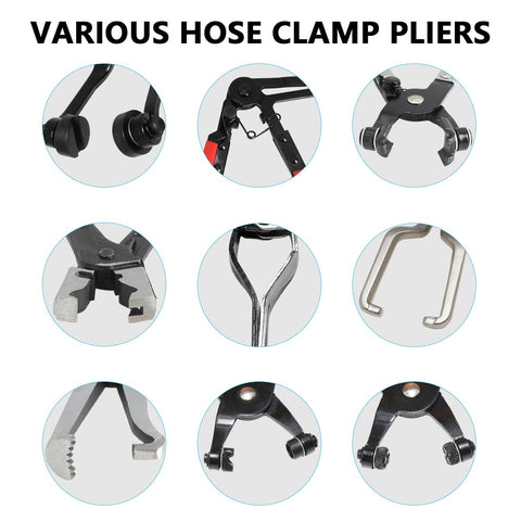 All In One Hose Clamp Pliers Set for Auto Maintenance, 15 Piece Tool Kit, various plier types close-up view